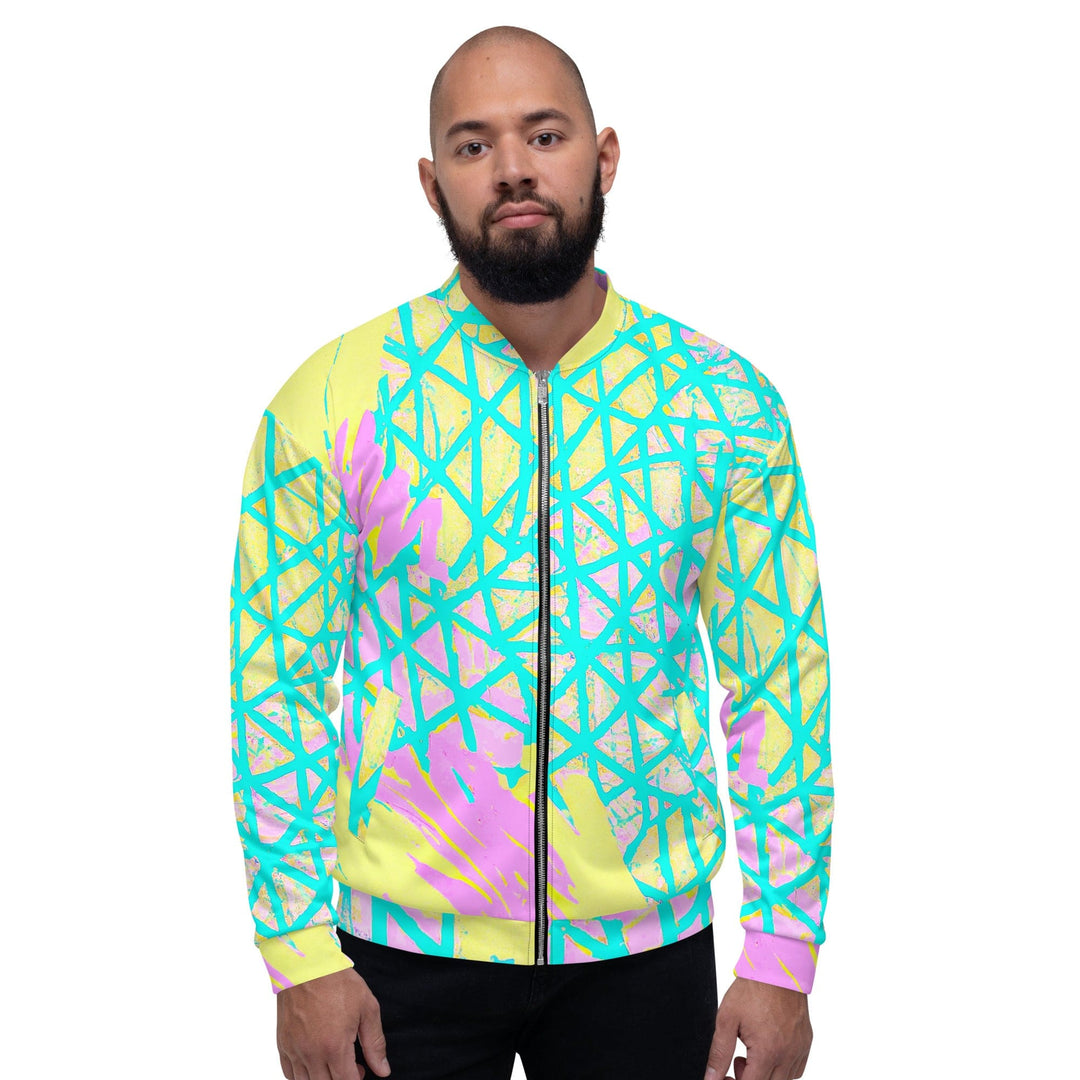 Mens Bomber Jacket Cyan Blue Lime Green and Pink Pattern 2 - Mens | Jackets