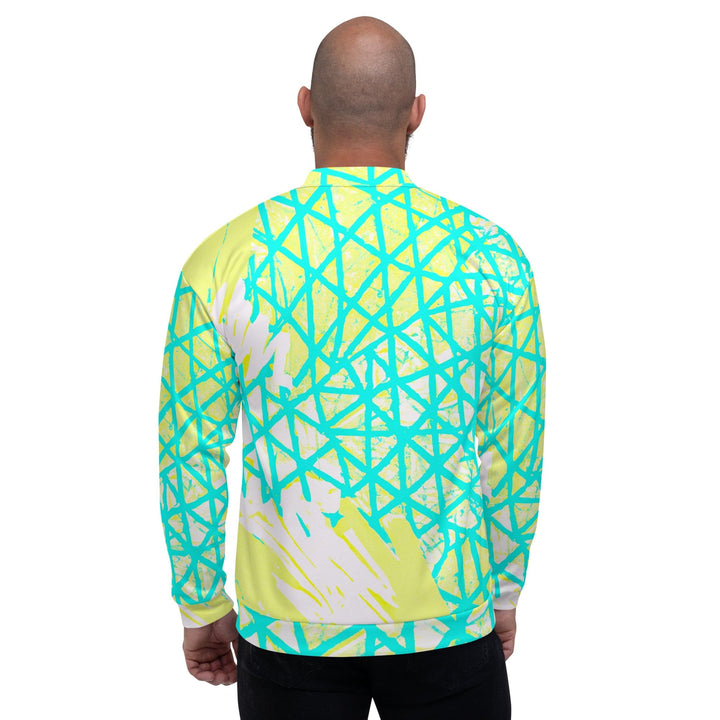 Mens Bomber Jacket Cyan Blue Lime Green And White Pattern 2