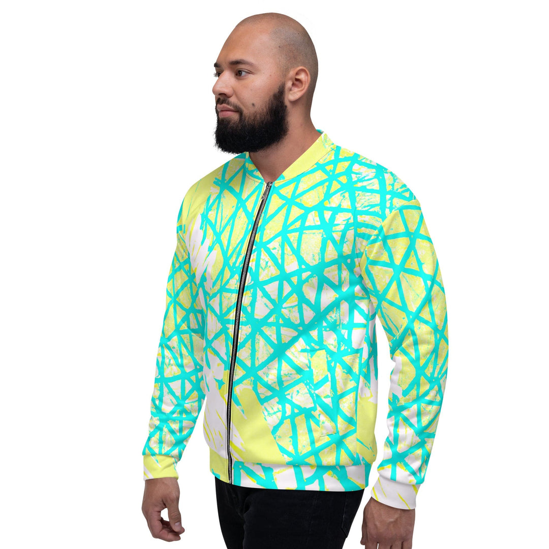 Mens Bomber Jacket Cyan Blue Lime Green And White Pattern 2