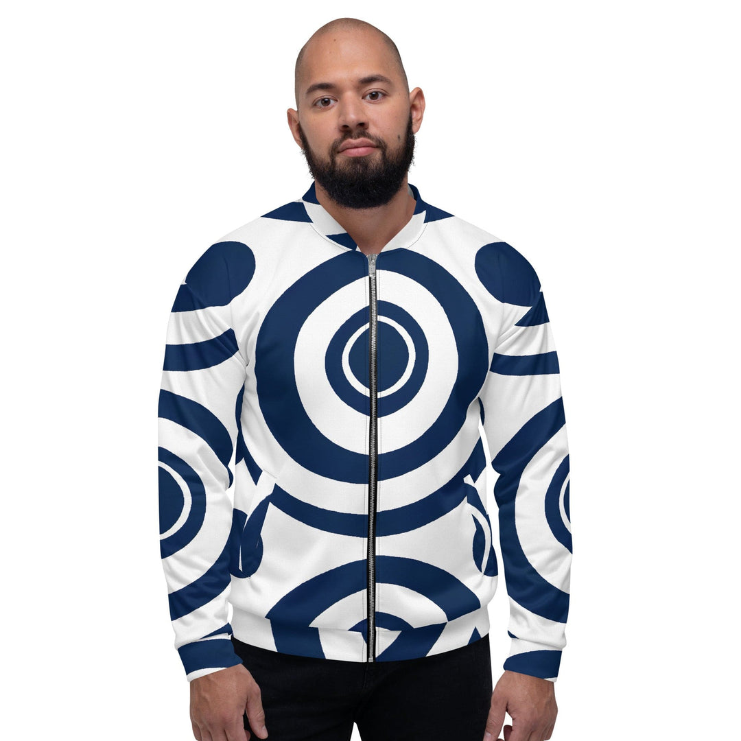 Mens Bomber Jacket Navy Blue and White Circular Pattern 2