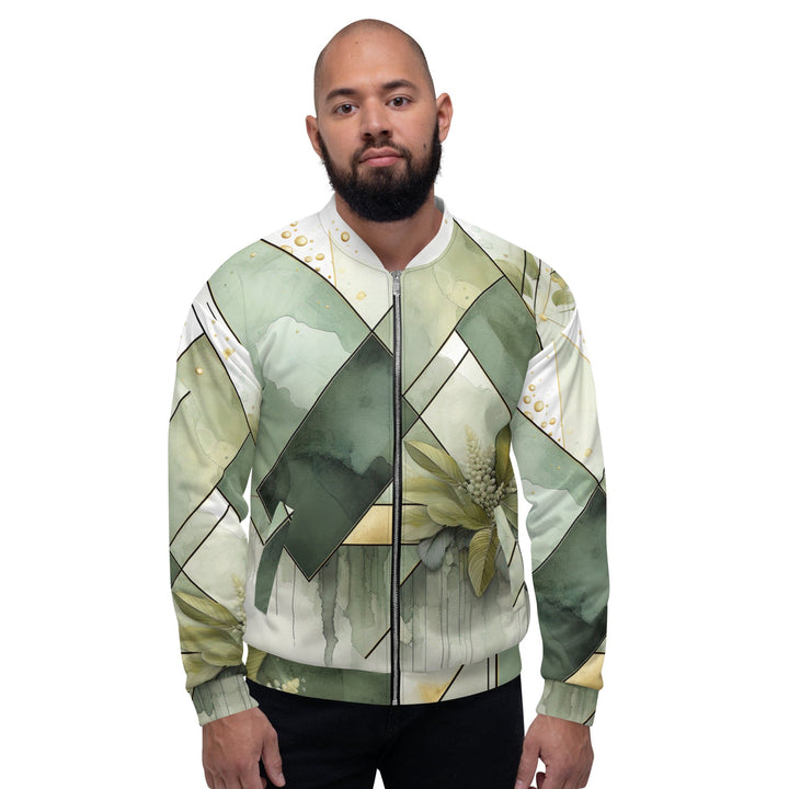 Mens Bomber Jacket Olive Green Mint Leaf Geometric Print 2 - Mens | Jackets