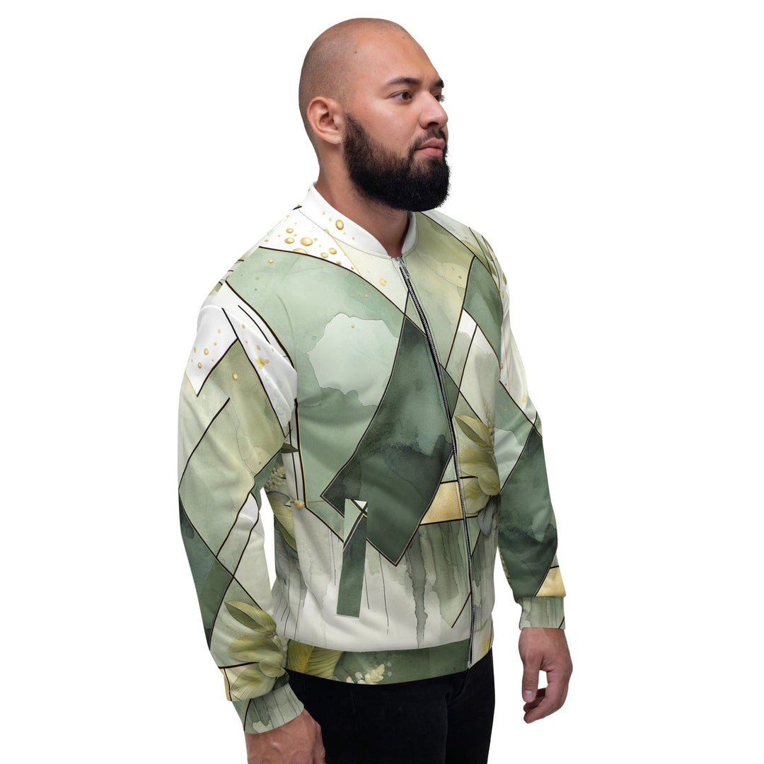 Mens Bomber Jacket Olive Green Mint Leaf Geometric Print 2