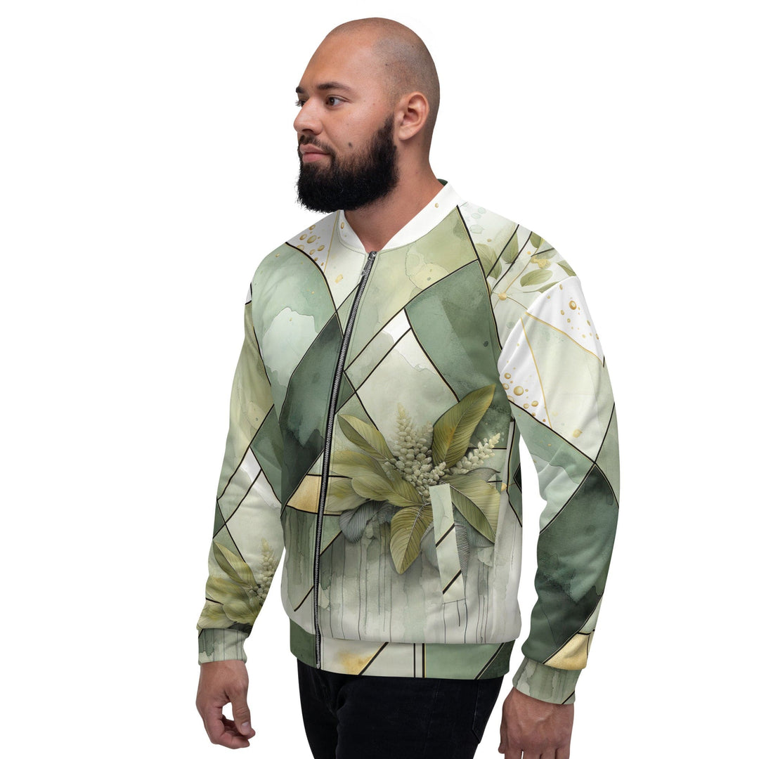 Mens Bomber Jacket Olive Green Mint Leaf Geometric Print 2