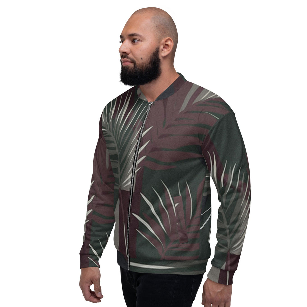 Mens Bomber Jacket Palm Tree Leaves Maroon Green Background 2