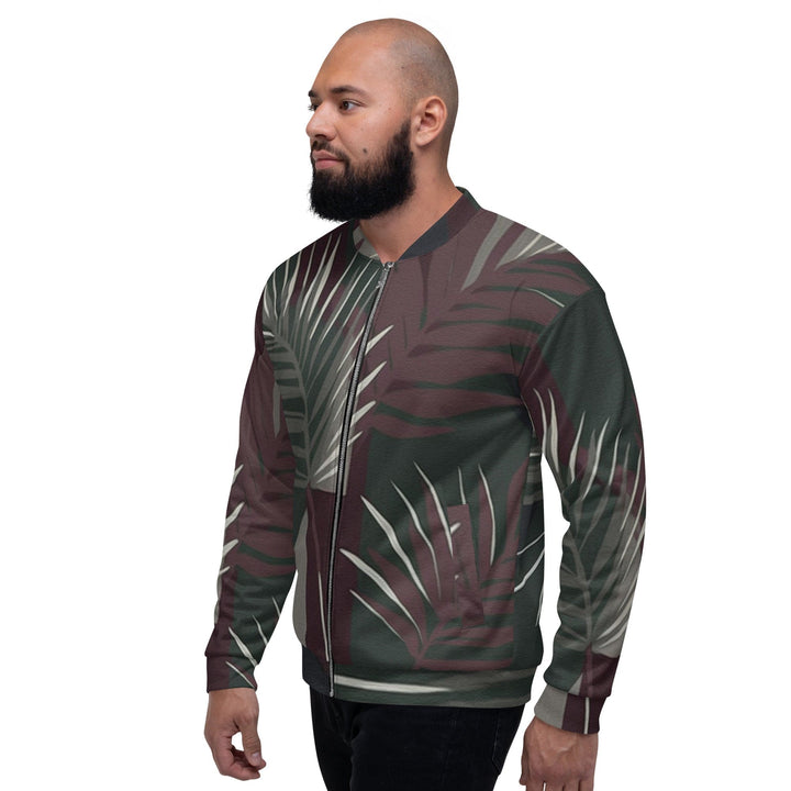 Mens Bomber Jacket Palm Tree Leaves Maroon Green Background 2 - Mens | Jackets