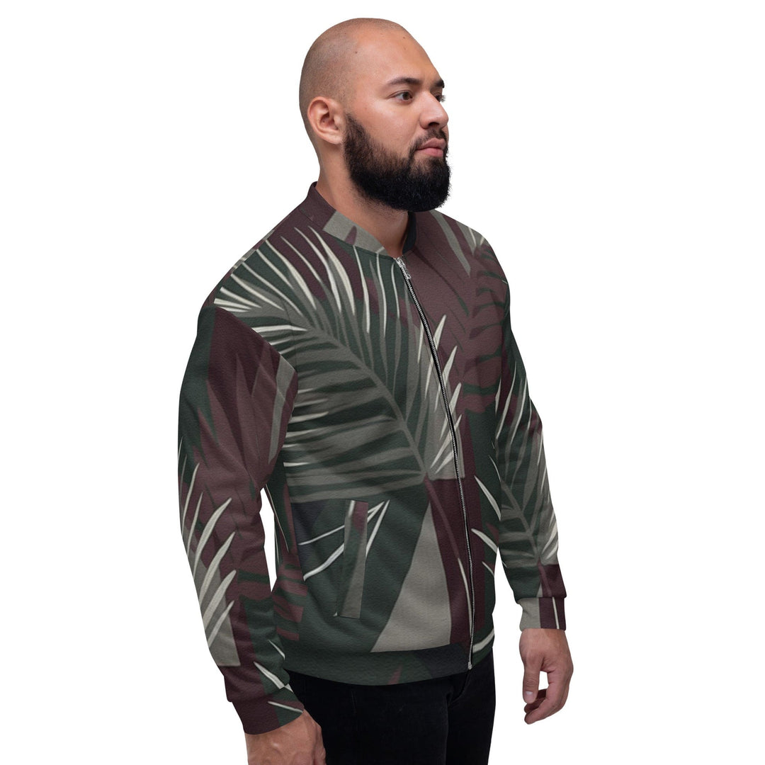 Mens Bomber Jacket Palm Tree Leaves Maroon Green Background 2