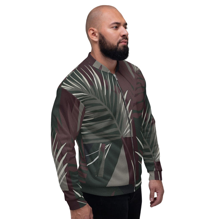 Mens Bomber Jacket Palm Tree Leaves Maroon Green Background 2