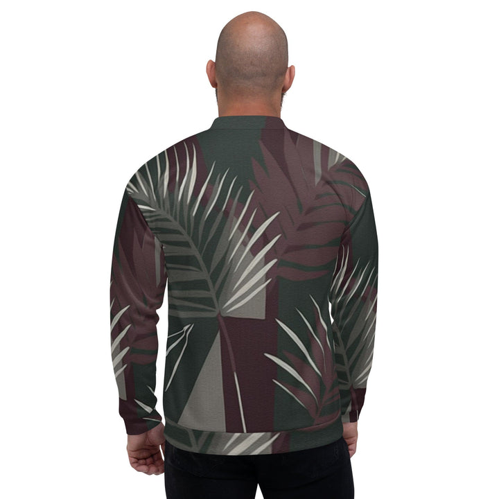 Mens Bomber Jacket Palm Tree Leaves Maroon Green Background 2