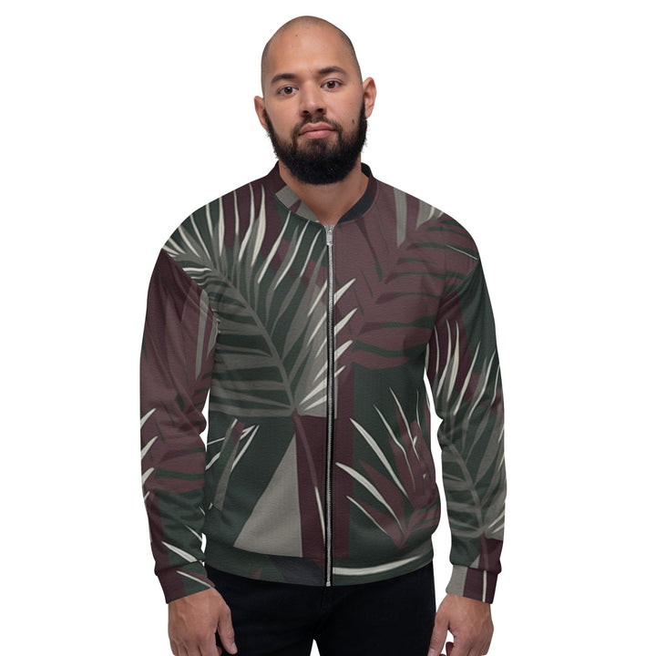 Mens Bomber Jacket Palm Tree Leaves Maroon Green Background 2 - Mens | Jackets