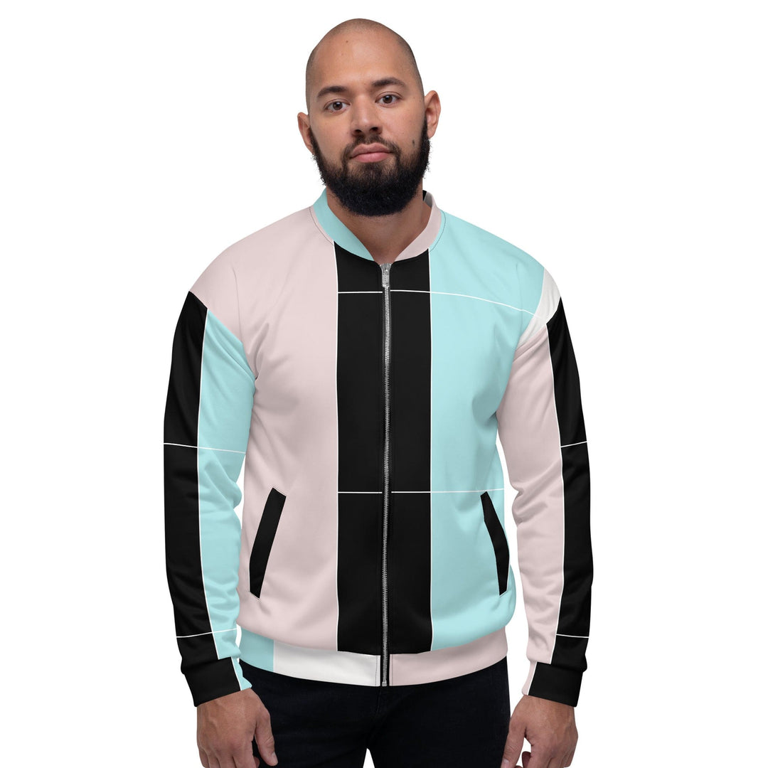 Mens Bomber Jacket Pastel Pink Black Blue Colorblock Lines - Mens | Jackets