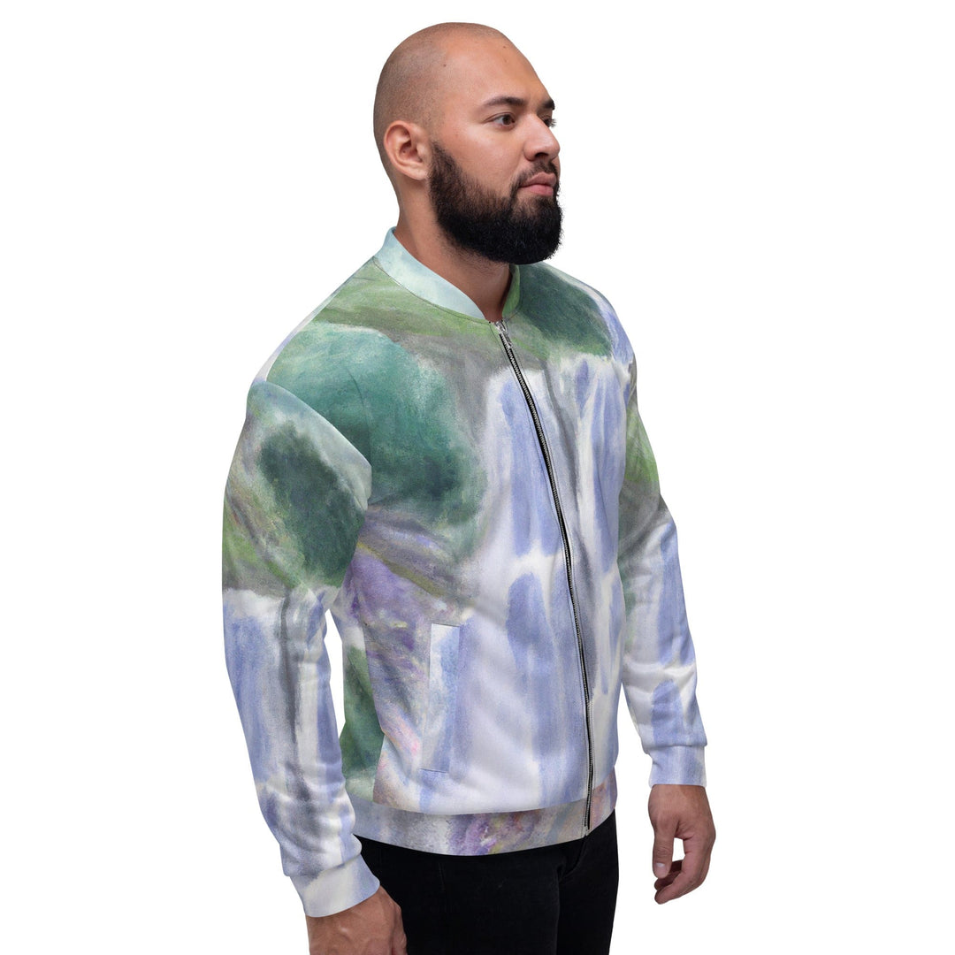 Mens Bomber Jacket Purple Watercolor Waterfall Green Landscape 2 - Mens