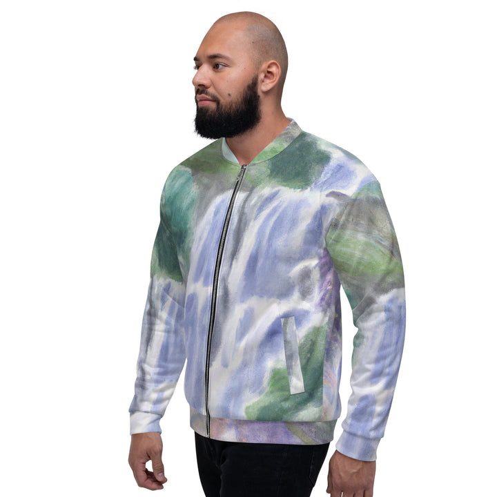 Mens Bomber Jacket Purple Watercolor Waterfall Green Landscape 2 - Mens