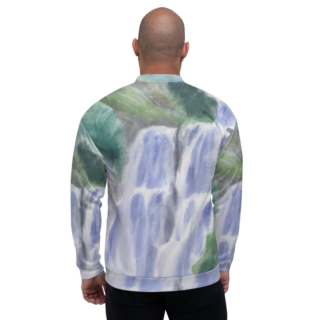 Mens Bomber Jacket Purple Watercolor Waterfall Green Landscape 2 - Mens