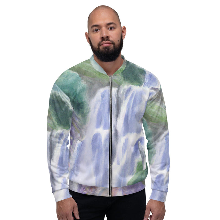 Mens Bomber Jacket Purple Watercolor Waterfall Green Landscape 2 - Mens