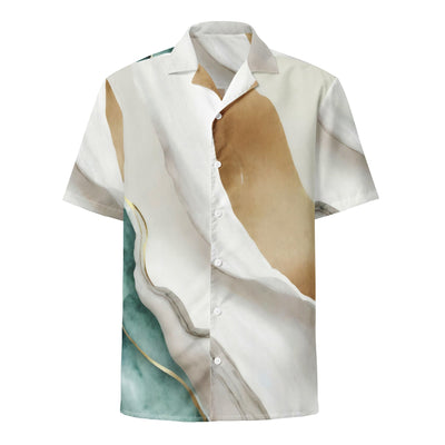 Mens Casual Button Down Shirt - Short Sleeve Cream And White Marbled Pattern