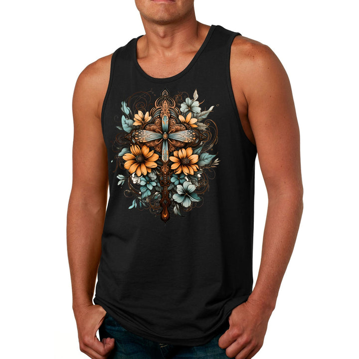 Mens Fitness Tank Top Graphic T-shirt Christian Cross Floral Bouquet - Mens