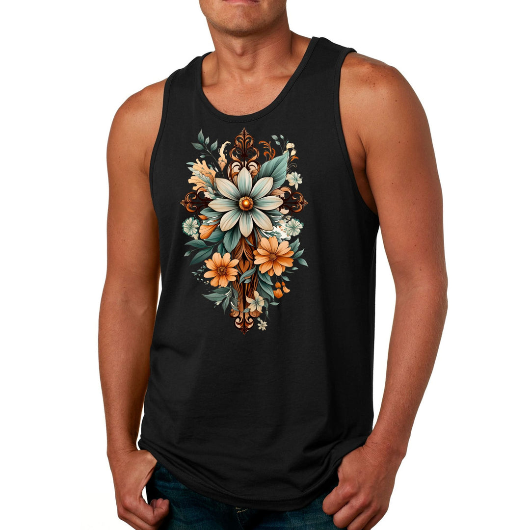 Mens Fitness Tank Top Graphic T-shirt Christian Cross Floral Bouquet - Mens