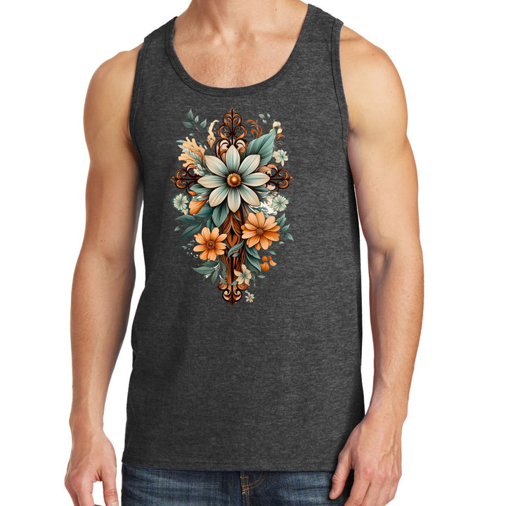 Mens Fitness Tank Top Graphic T-shirt Christian Cross Floral Bouquet - Mens