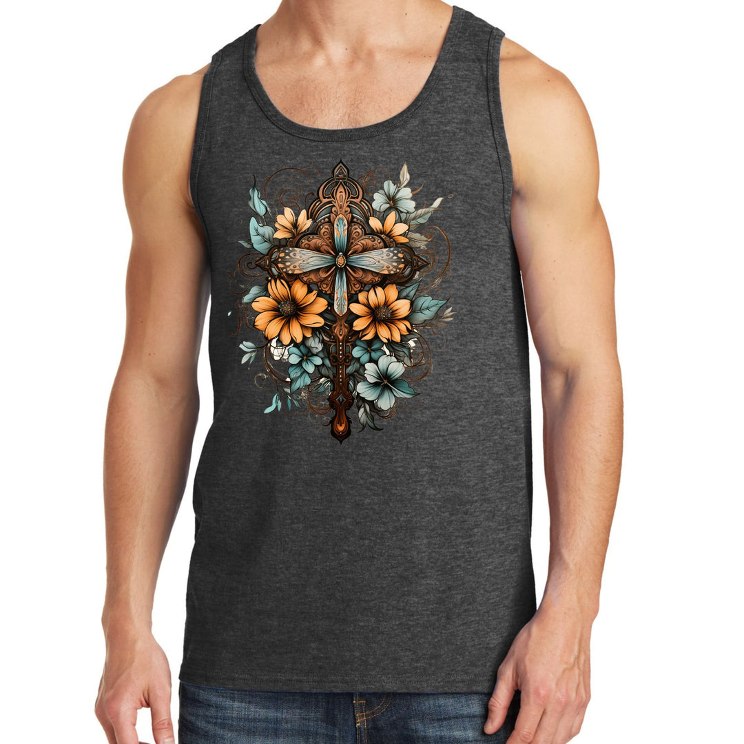 Mens Fitness Tank Top Graphic T-shirt Christian Cross Floral Bouquet - Mens