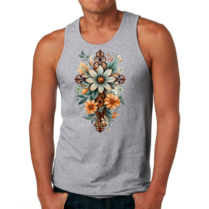 Mens Fitness Tank Top Graphic T-shirt Christian Cross Floral Bouquet - Mens