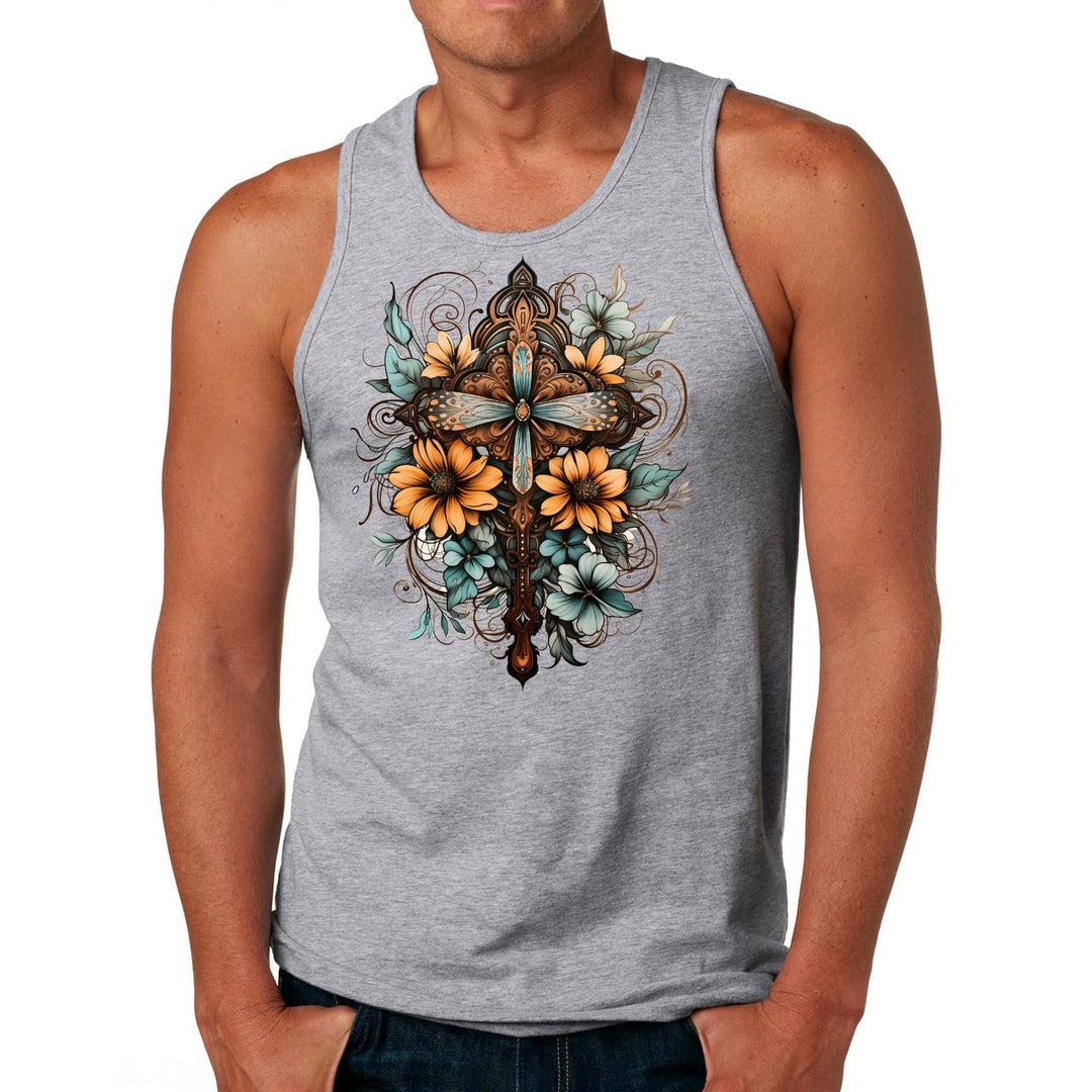 Mens Fitness Tank Top Graphic T-shirt Christian Cross Floral Bouquet - Mens