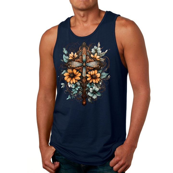 Mens Fitness Tank Top Graphic T-shirt Christian Cross Floral Bouquet - Mens