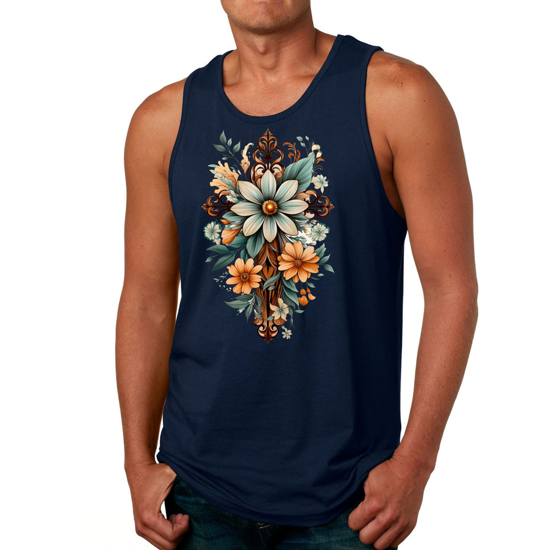 Mens Fitness Tank Top Graphic T-shirt Christian Cross Floral Bouquet - Mens