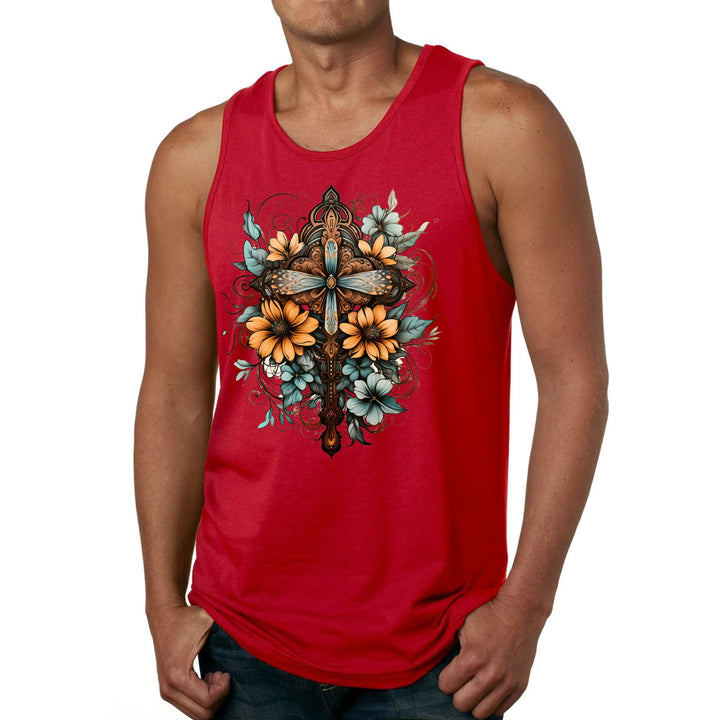 Mens Fitness Tank Top Graphic T-shirt Christian Cross Floral Bouquet - Mens