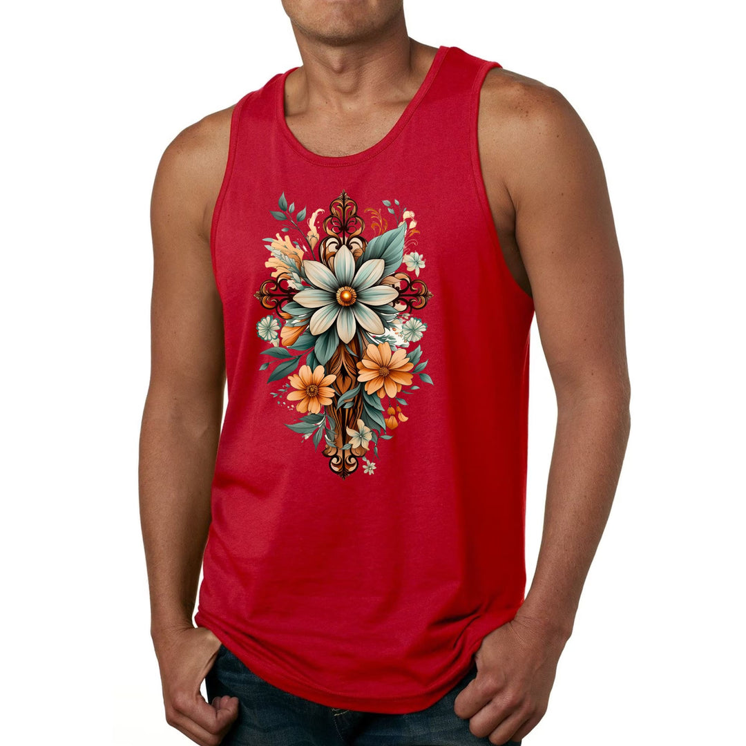 Mens Fitness Tank Top Graphic T-shirt Christian Cross Floral Bouquet - Mens