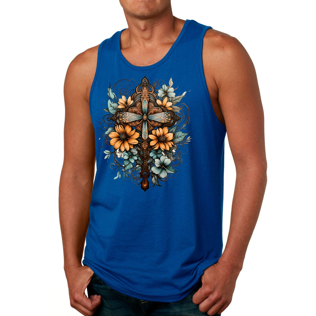 Mens Fitness Tank Top Graphic T-shirt Christian Cross Floral Bouquet - Mens