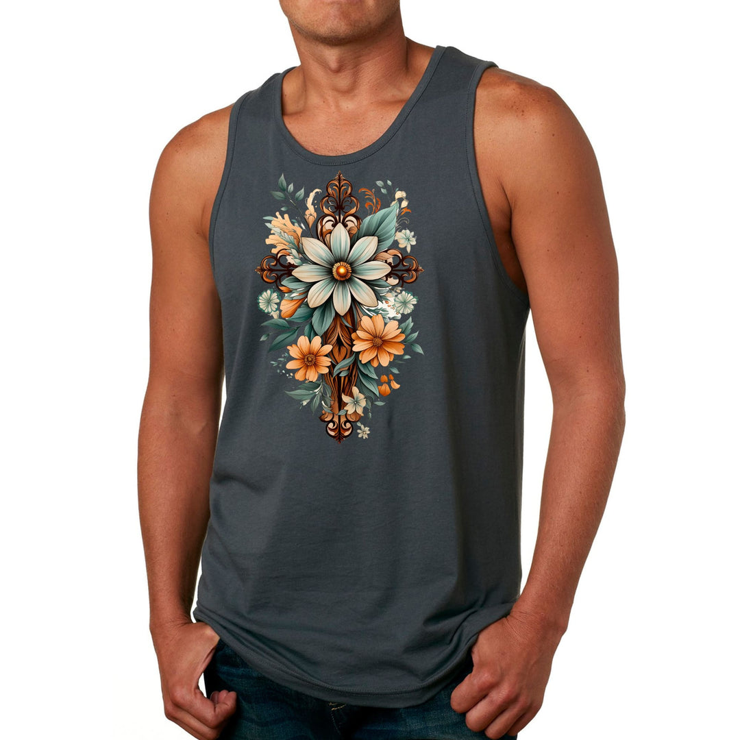 Mens Fitness Tank Top Graphic T-shirt Christian Cross Floral Bouquet - Mens