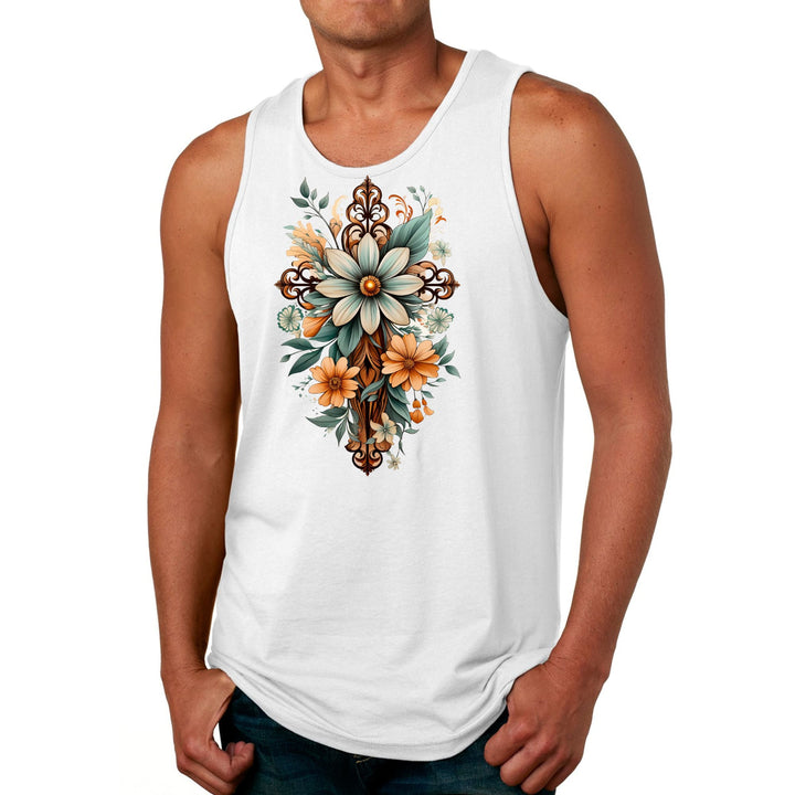 Mens Fitness Tank Top Graphic T-shirt Christian Cross Floral Bouquet - Mens