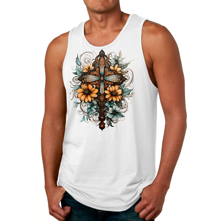 Mens Fitness Tank Top Graphic T-shirt Christian Cross Floral Bouquet - Mens