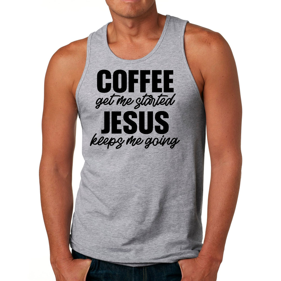 Mens Fitness Tank Top Graphic T-shirt Coffee Get me Started Jesus - Mens | Tank