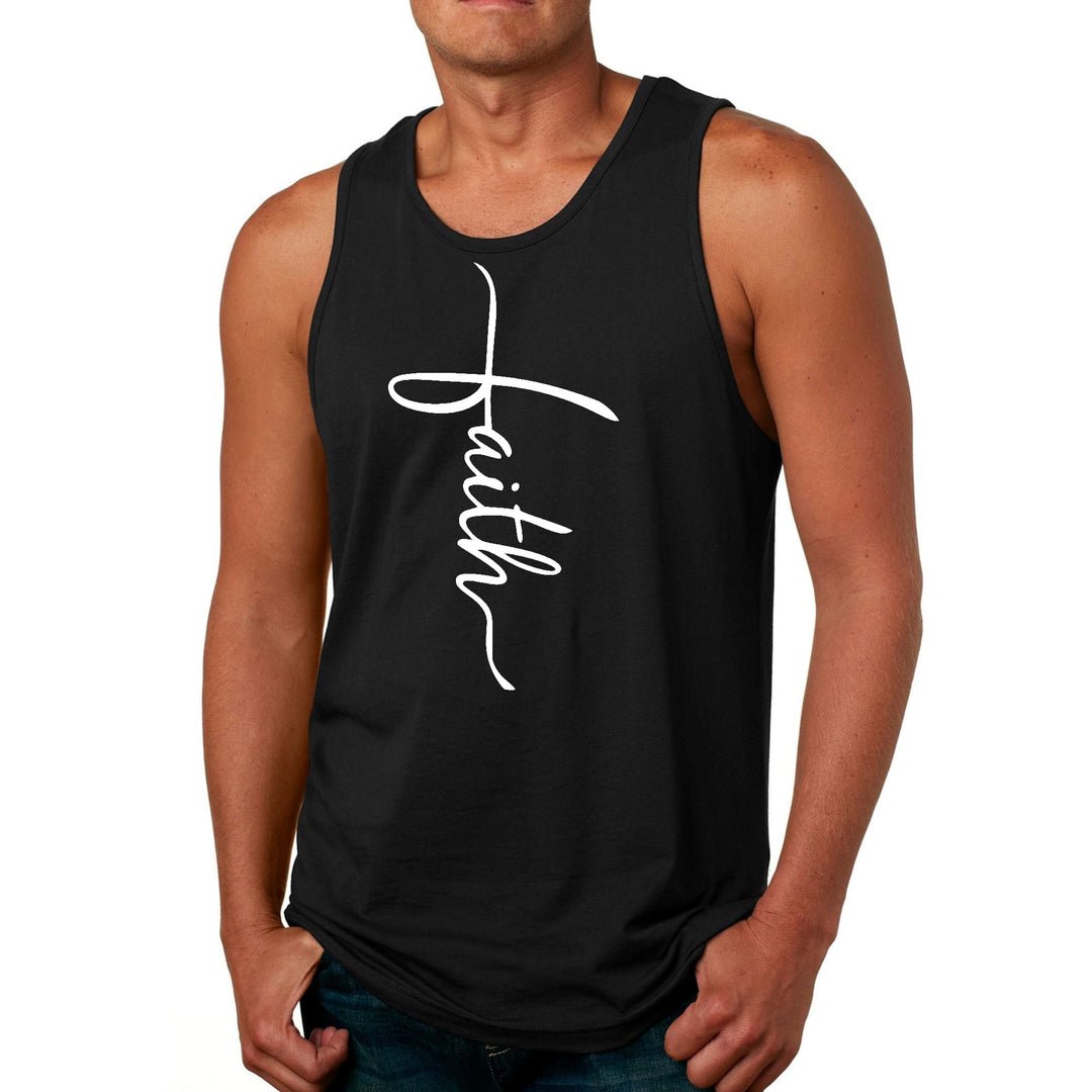 Mens Fitness Tank Top Graphic T-shirt Faith Script Cross Illustration - Mens