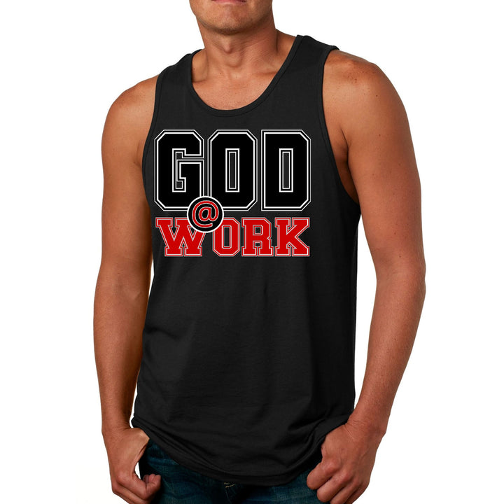 Mens Fitness Tank Top Graphic T-shirt God @ Work Black and Red Print - Mens