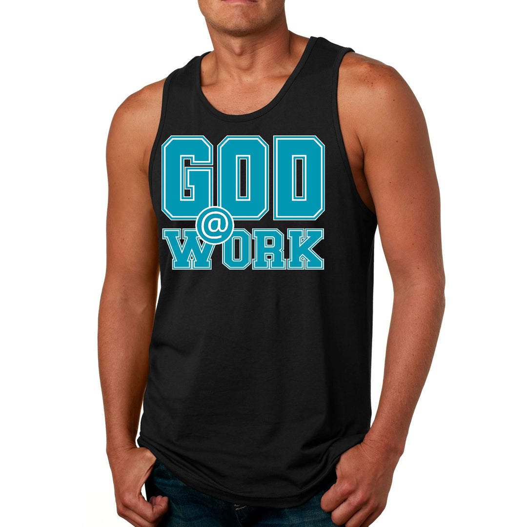 Mens Fitness Tank Top Graphic T-shirt God @ Work Blue Green and White - Mens