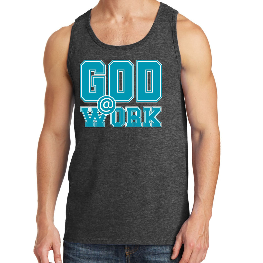 Mens Fitness Tank Top Graphic T-shirt God @ Work Blue Green and White - Mens