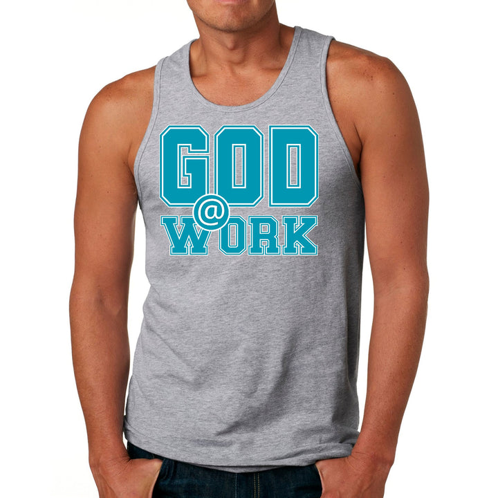 Mens Fitness Tank Top Graphic T-shirt God @ Work Blue Green and White - Mens