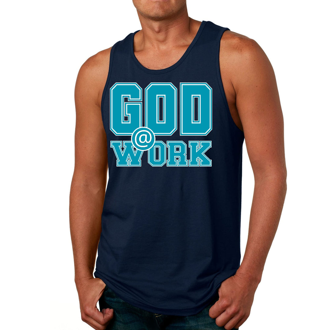 Mens Fitness Tank Top Graphic T-shirt God @ Work Blue Green and White - Mens