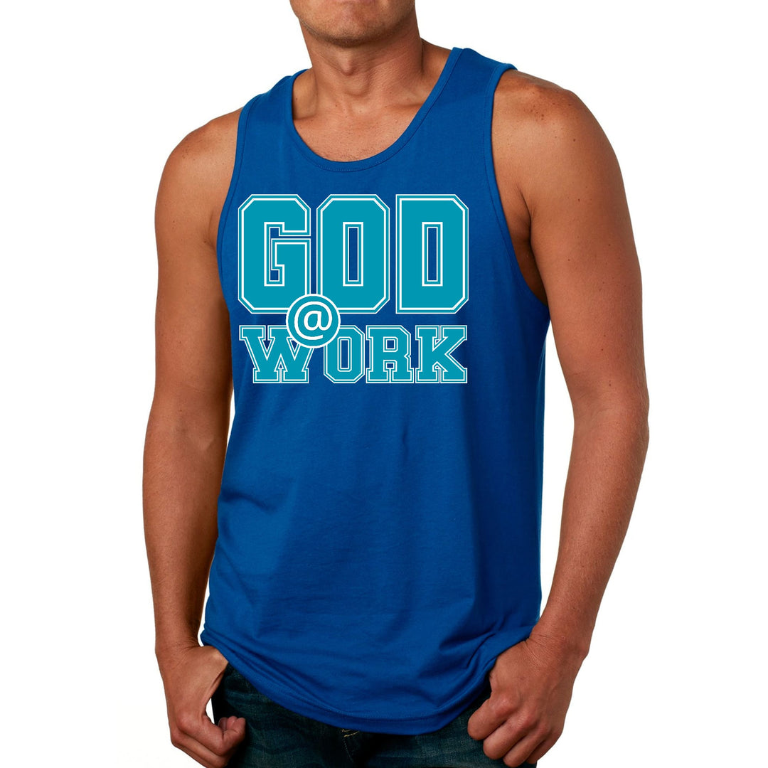 Mens Fitness Tank Top Graphic T-shirt God @ Work Blue Green and White - Mens