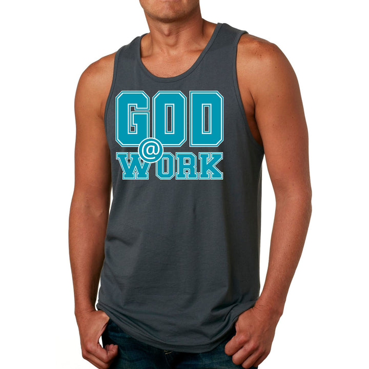 Mens Fitness Tank Top Graphic T-shirt God @ Work Blue Green and White - Mens