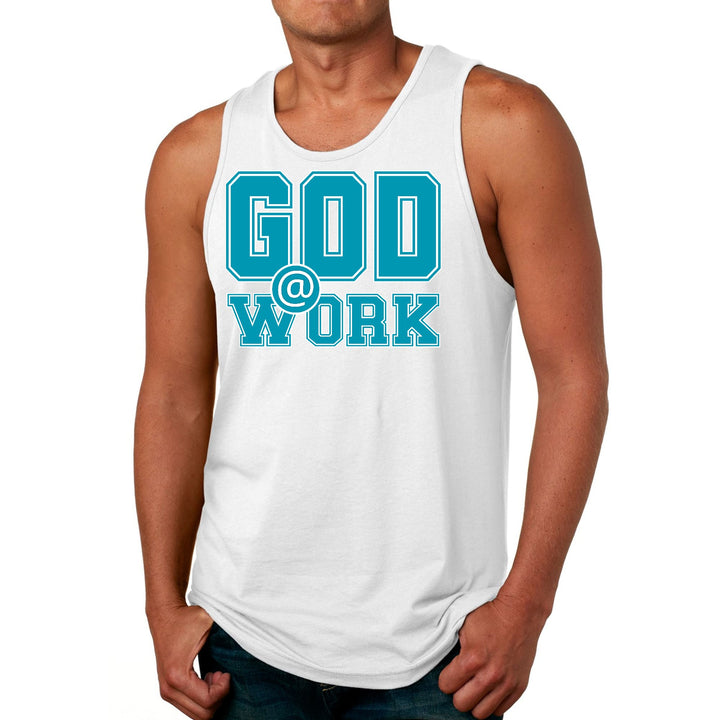 Mens Fitness Tank Top Graphic T-shirt God @ Work Blue Green and White - Mens