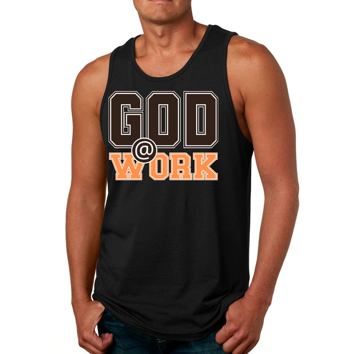 Mens Fitness Tank Top Graphic T-shirt God @ Work Brown and Orange - Mens | Tank