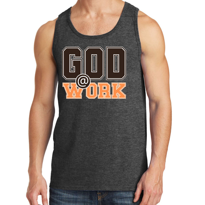 Mens Fitness Tank Top Graphic T-shirt God @ Work Brown and Orange - Mens | Tank