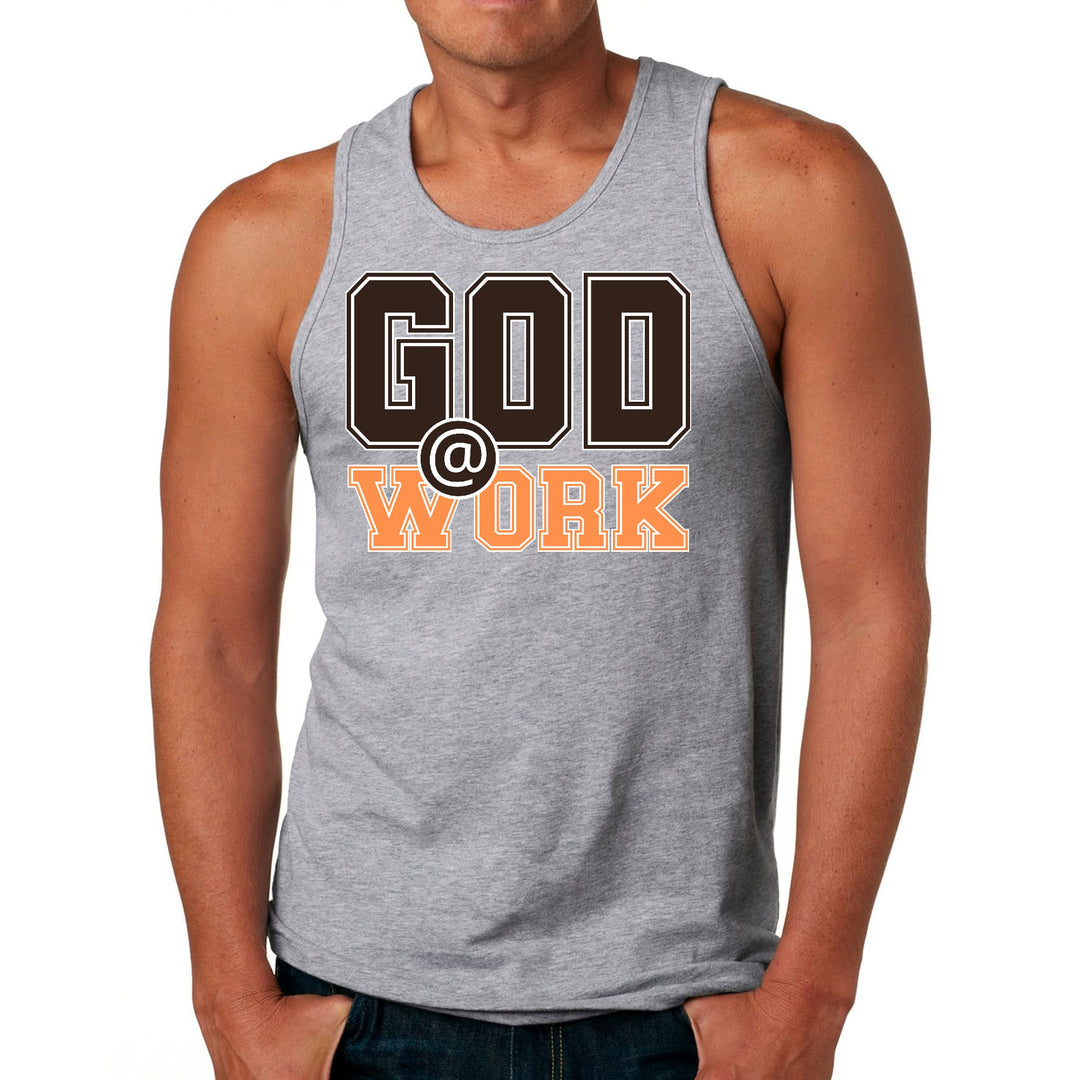 Mens Fitness Tank Top Graphic T-shirt God @ Work Brown and Orange - Mens | Tank