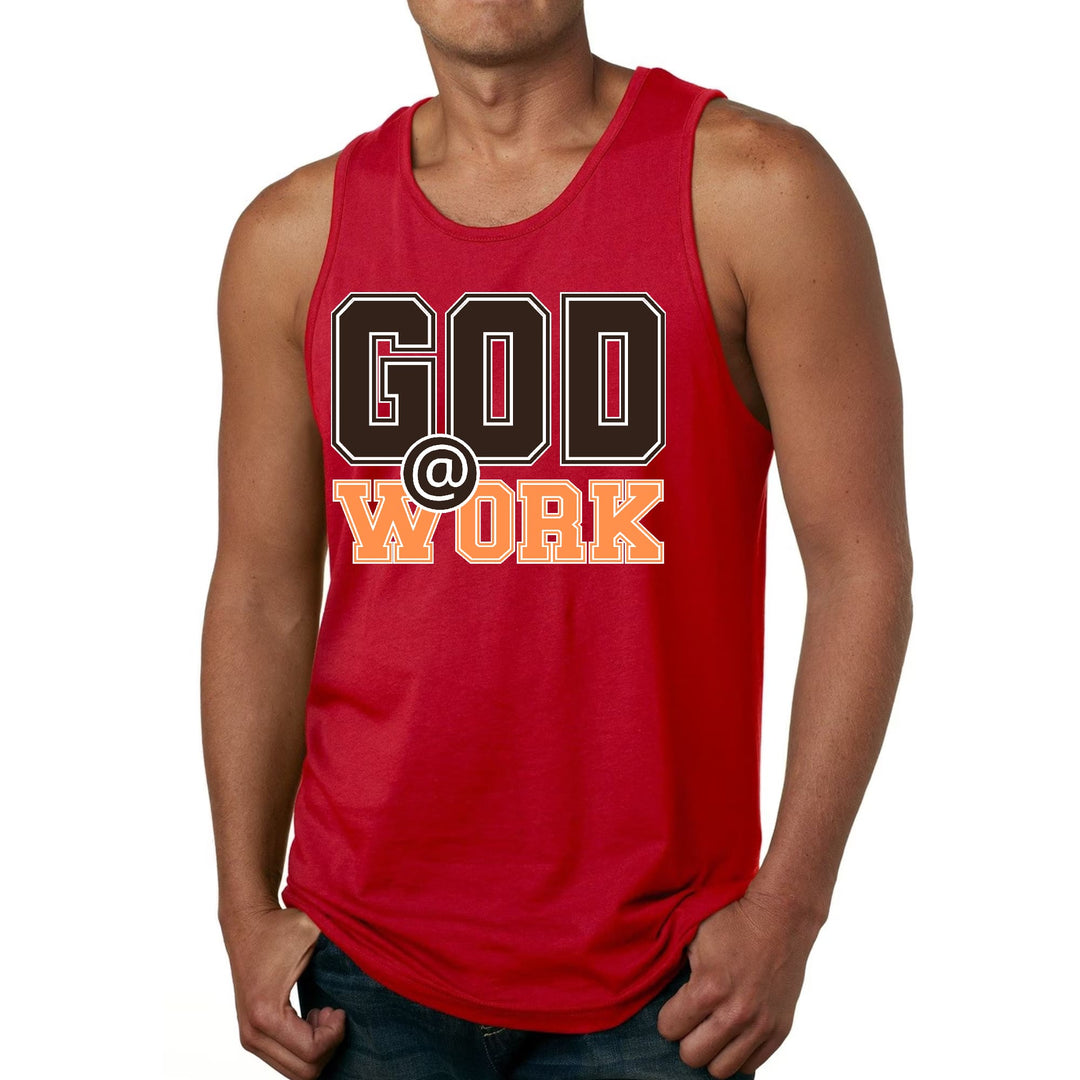 Mens Fitness Tank Top Graphic T-shirt God @ Work Brown and Orange - Mens | Tank