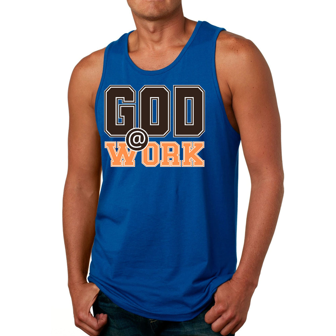 Mens Fitness Tank Top Graphic T-shirt God @ Work Brown and Orange - Mens | Tank