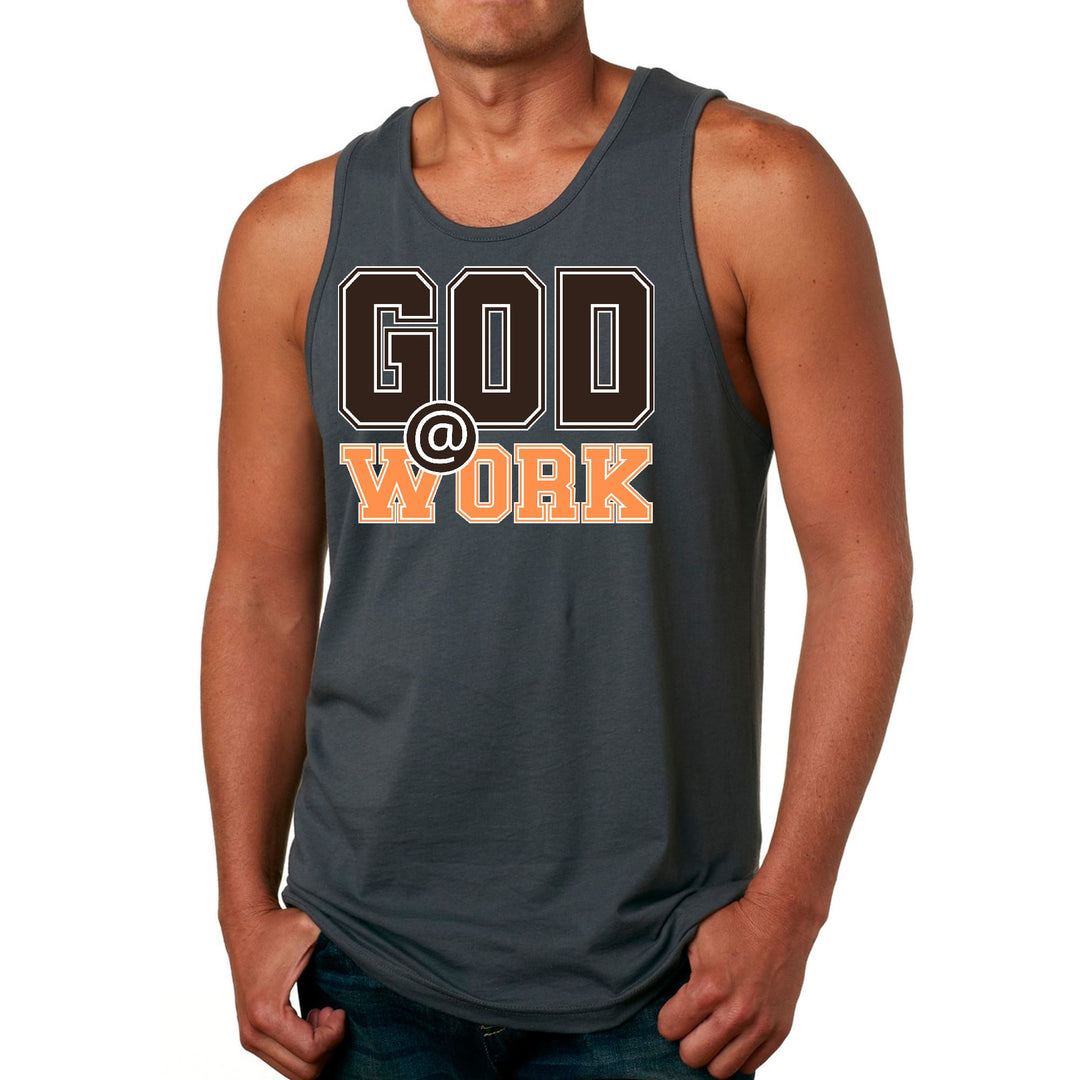 Mens Fitness Tank Top Graphic T-shirt God @ Work Brown and Orange - Mens | Tank