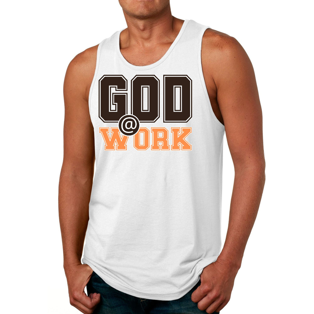 Mens Fitness Tank Top Graphic T-shirt God @ Work Brown and Orange - Mens | Tank